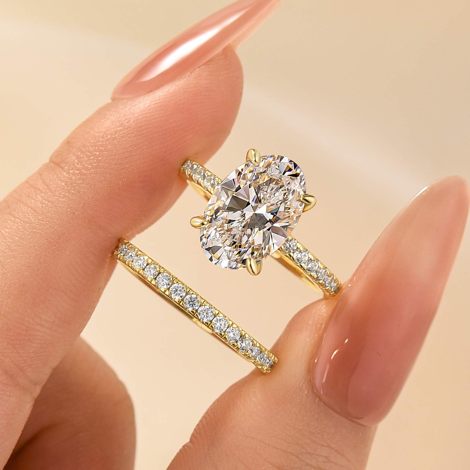 4.0 Carat Oval Cut Wedding Ring Set With Classic Half Wedding Band - Velirellajewelry