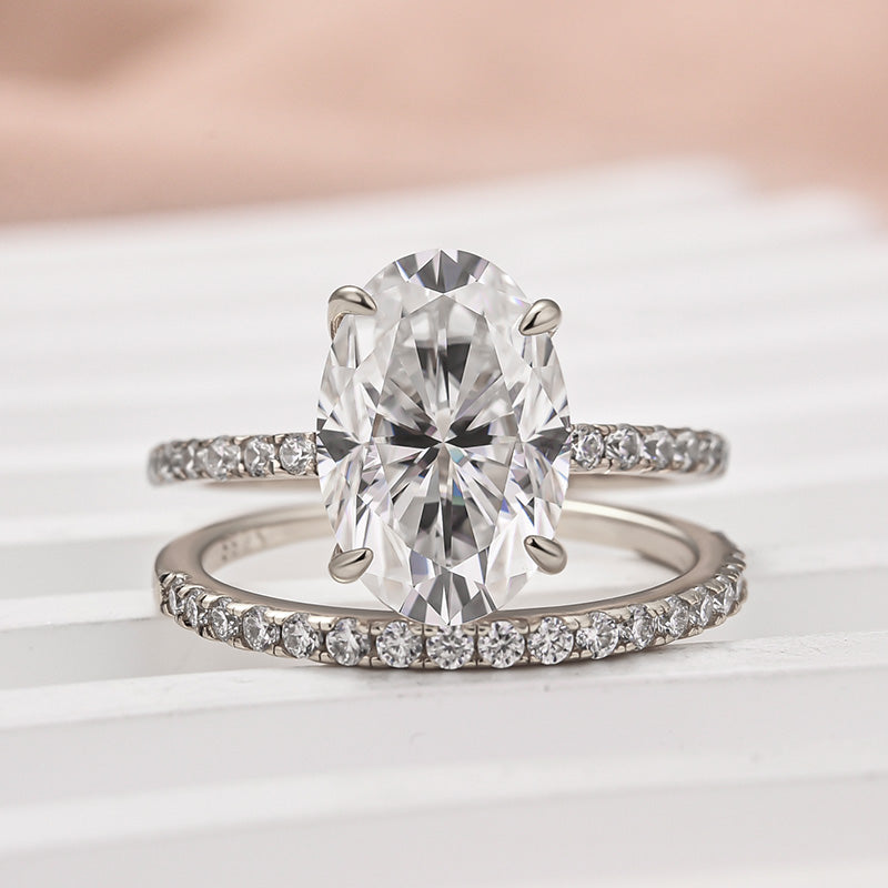 Classic 4.0 Carat Oval Cut  Ring Set Hidden Halo Ring With Half Band For Ring Gift