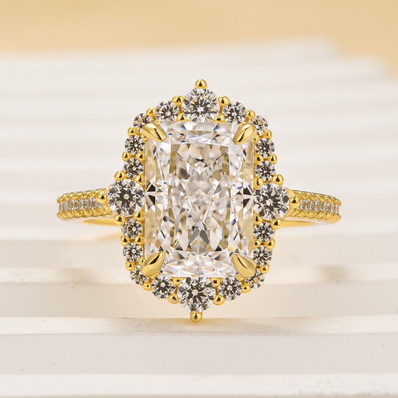 Velirella Gorgeous Halo Radiant Cut Simulated Diamond Engagement Ring In Brass - Velirellajewelry