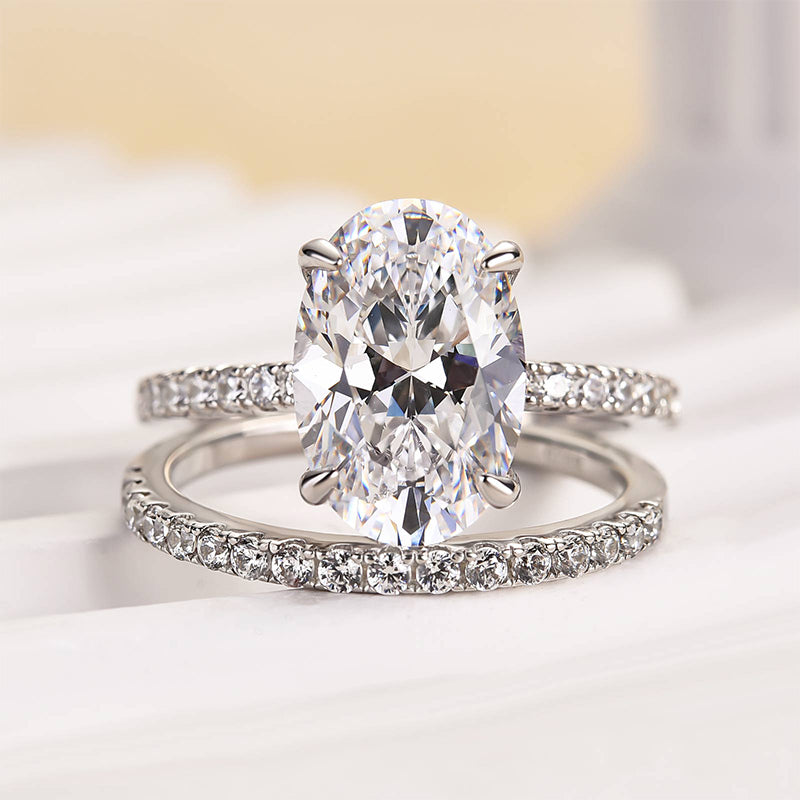 4.0 Carat Oval Cut Wedding Ring Set With Classic Half Wedding Band - Velirellajewelry