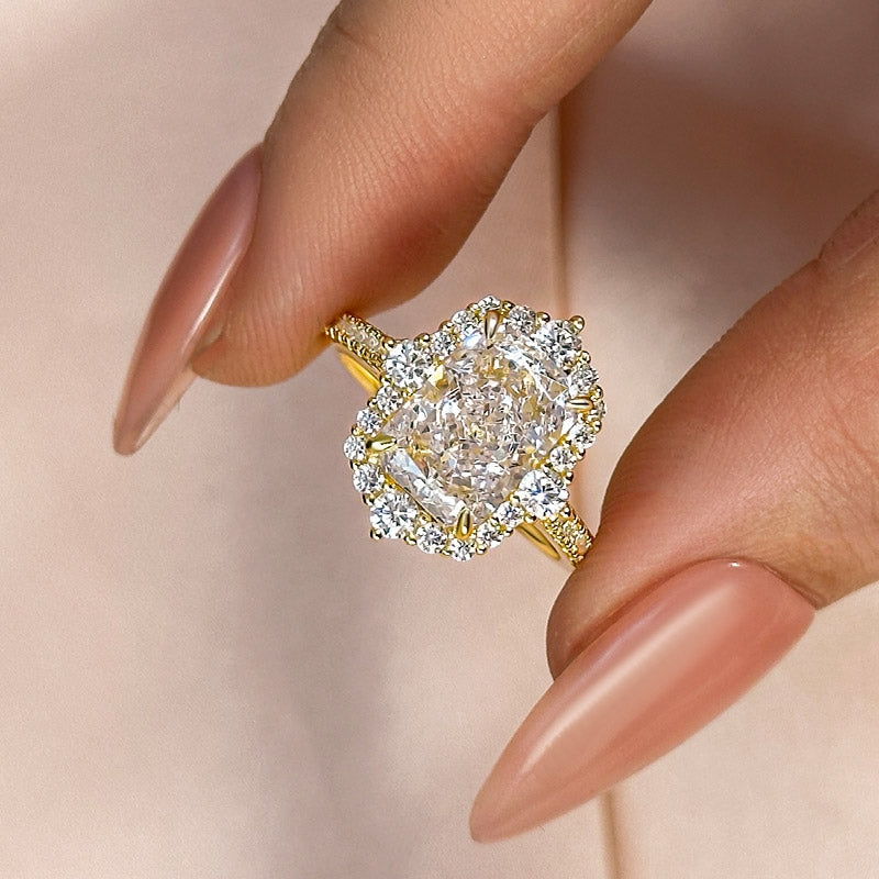 Velirella Gorgeous Halo Radiant Cut Simulated Diamond Engagement Ring In Brass - Velirellajewelry