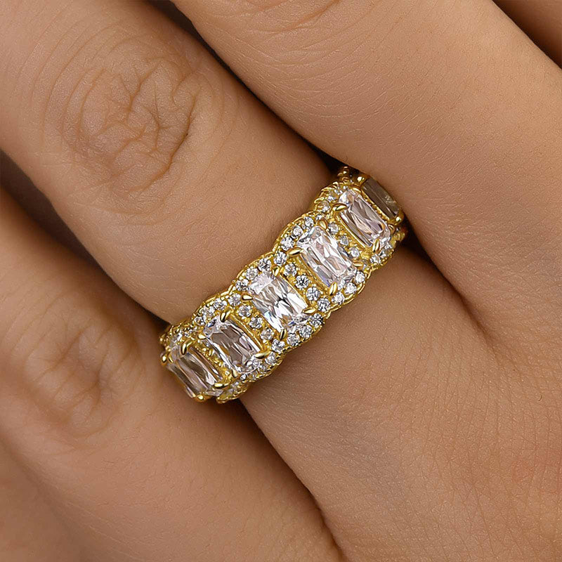 Velirella Luxurious Halo Cushion Cut Wide Wedding Band For Women In Brass - Velirellajewelry
